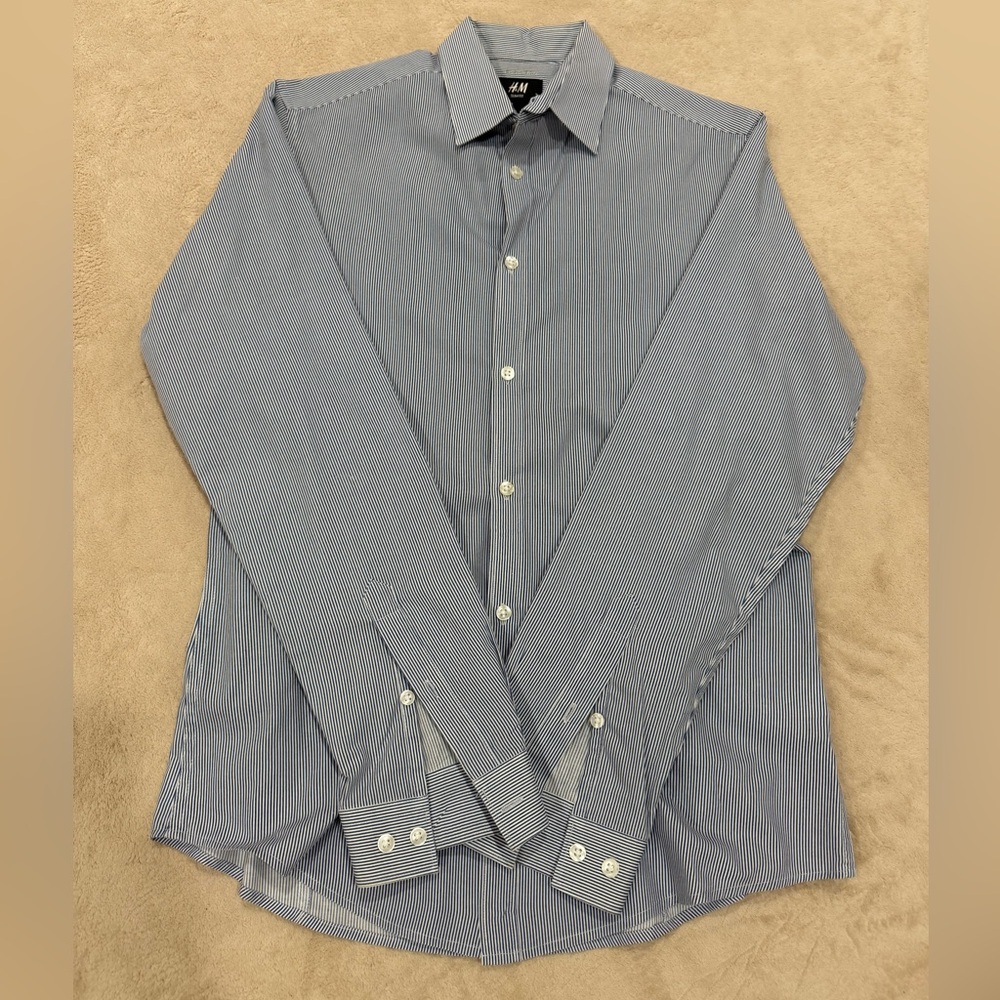 H&M Men's Navy Pinstripe Button-Down Shirt